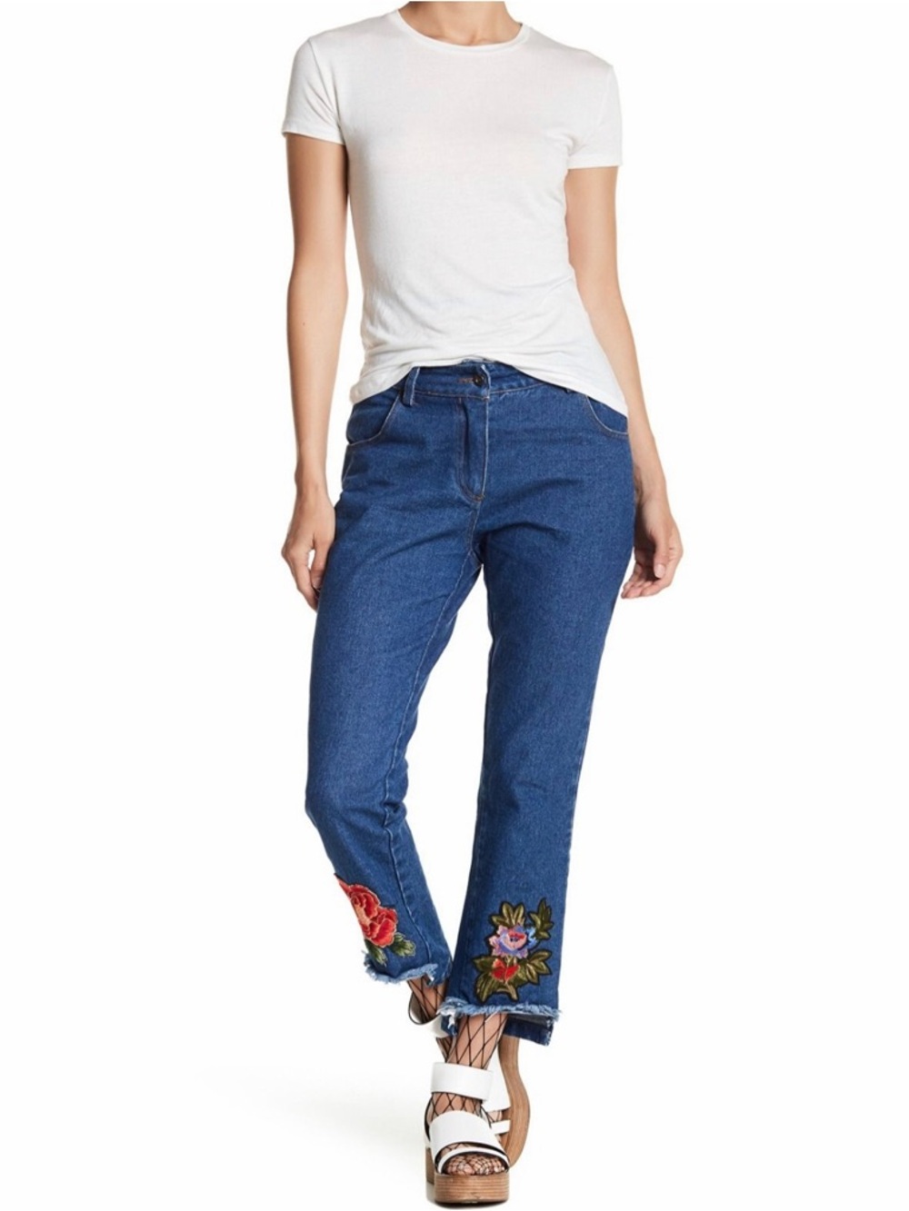 TOV Holy Blue Cropped Jeans with Floral Embroidery